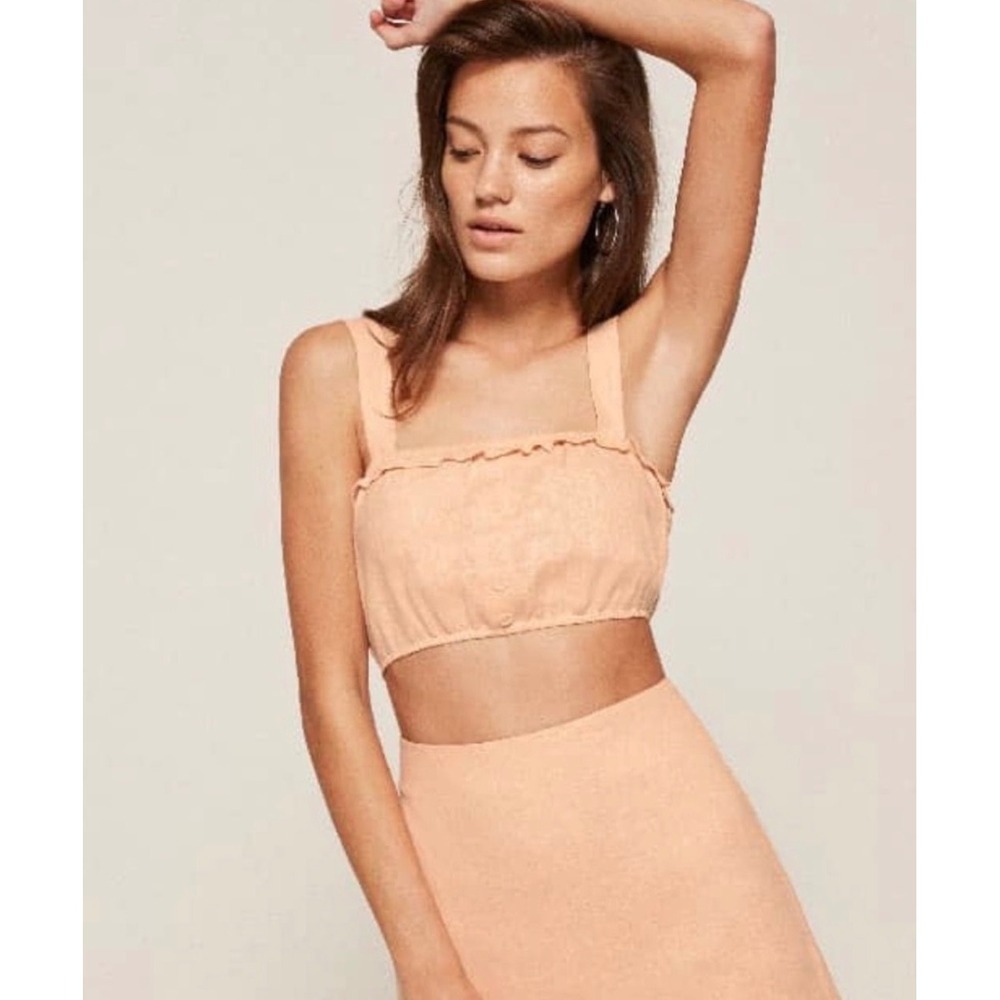 Reformation Linen Button Down Crop Top in Peach Size 4